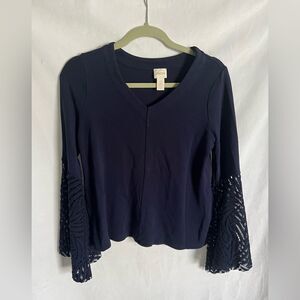 Chico's Navy Blue lace Bell Sleeve Blouse Size 0 Small Boho V Neck